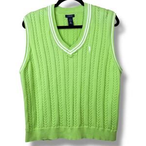 Vintage IZOD Lime Green VTG Cable Knit V-Neck Sleeveless Golf Sweater Vest XL